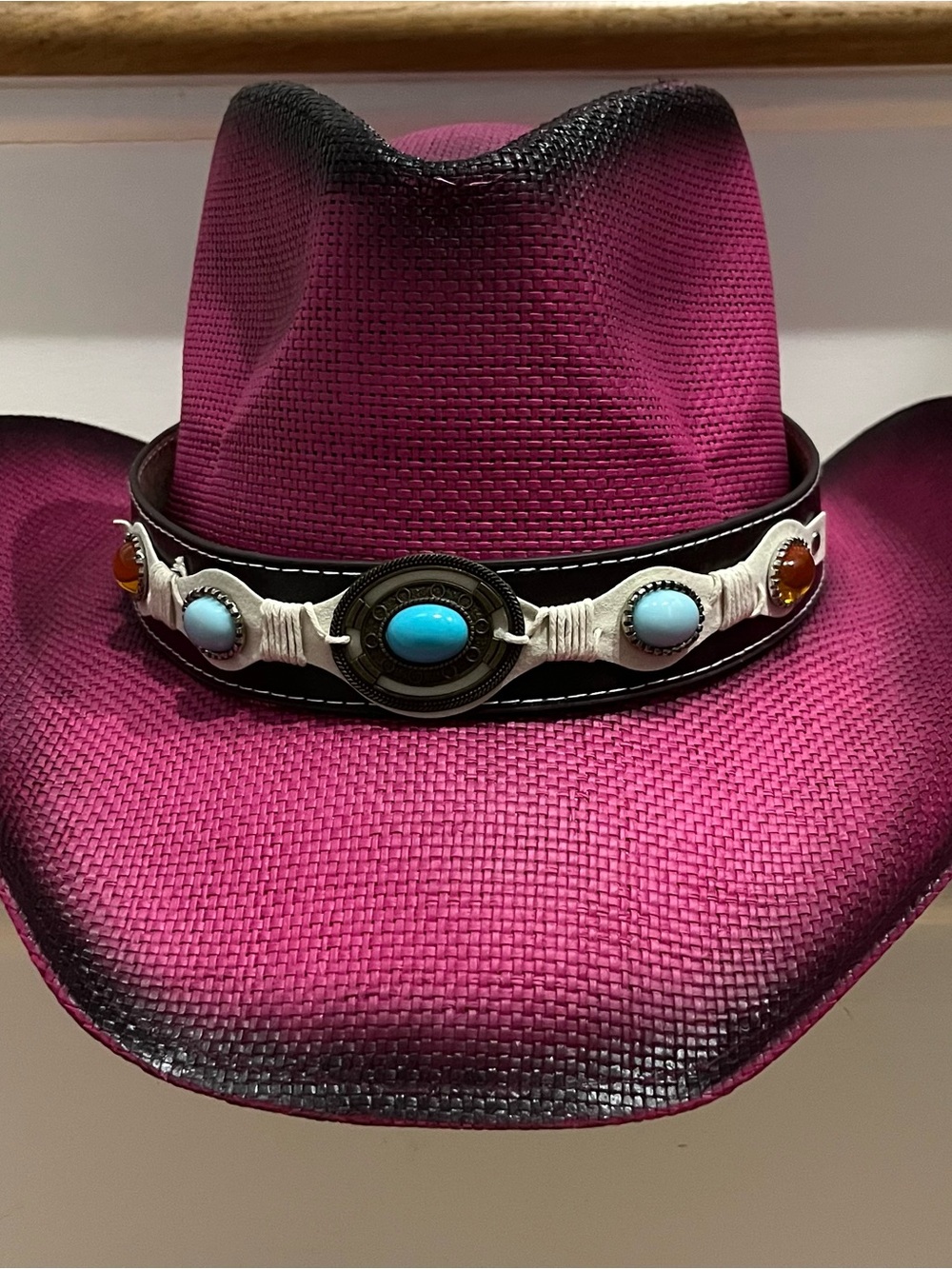Women's Magenta Western Straw Cowboy Hat with Turquoise Concho Band - Picture 2 of 6